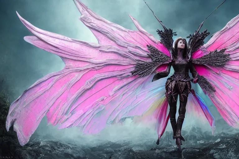 Image similar to pink iridescent battle armor on a fairy by eiko ishioka, 8K, detailed, HD, fairytale, dark tones, horror film, scary, matte painting, fantasy, full of colors, CGSociety, matte painting, realistic materials, photo-realistic, postprocessing, realistic, cinematic style, 35mm