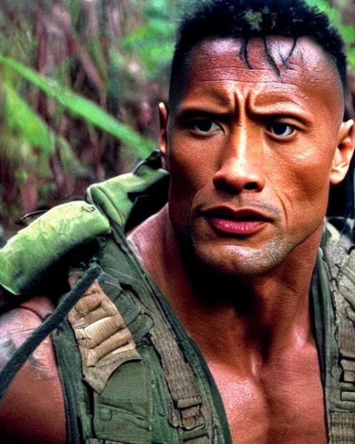 Image similar to film still close - up shot of dwayne johnson from the movie predator. photographic, photography