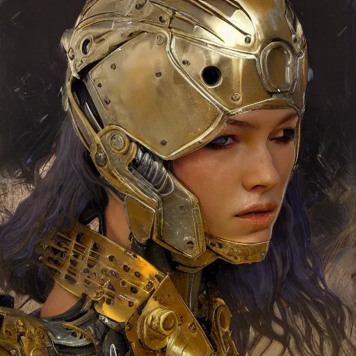 Image similar to portrait girl face metal cyborg armor and metal horse by gaston bussiere, anna nikonova aka newmilky, greg rutkowski, yoji shinkawa, yoshitaka amano, tsutomu nihei, donato giancola, geoffroy thoorens, gustav klimt, trending on artstation, featured on pixiv