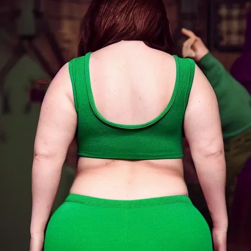 Image similar to back behind of thicc Princess Fiona wearing green sweatpants, and a green shirt