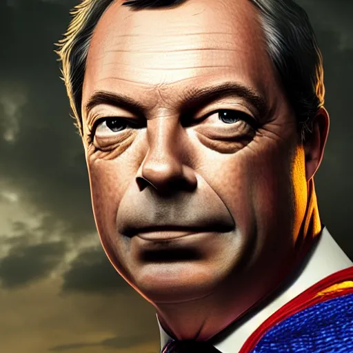 Image similar to Portrait of Nigel Farage as superman, heroic, amazing splashscreen artwork, splash art, head slightly tilted, natural light, elegant, intricate, fantasy, atmospheric lighting, cinematic, matte painting, detailed face, by Greg rutkowski