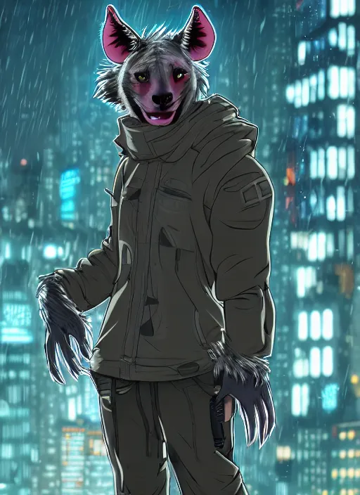 Image similar to character portrait of a male anthro hyena fursona with a tail and a cute beautiful attractive detailed furry face wearing stylish cyberpunk clothes in a cyberpunk city at night while it rains. color page, tankoban, 4K, tone mapping. By Nomax, Kenket, Rukis. comic book style, photorealistic, professional lighting, hyperdetailed, high resolution, high quality, dramatic, deviantart, artstation, 4k, real photo