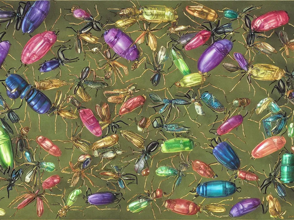 Prompt: Invasion of the iridescent bugs, painting by Walton Ford