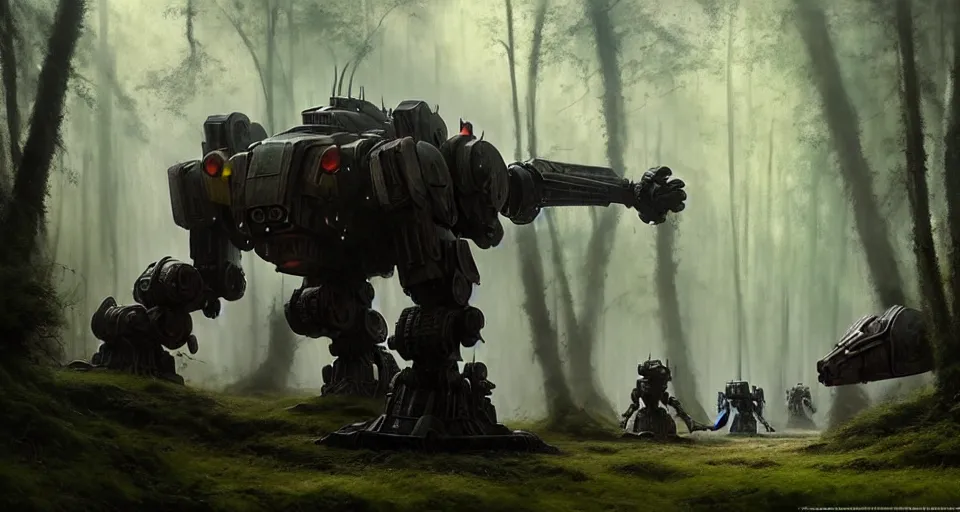 Image similar to giant medieval battlemech walking through a forest, hyper realistic sci - fi matte concept art painting, beautiful details, strong composition painted by kim jung guweta studio rutkowski, james gurney and greg rutkowski, and lucasfilm, smooth, intricate, detailed, sharp focus, cinematic