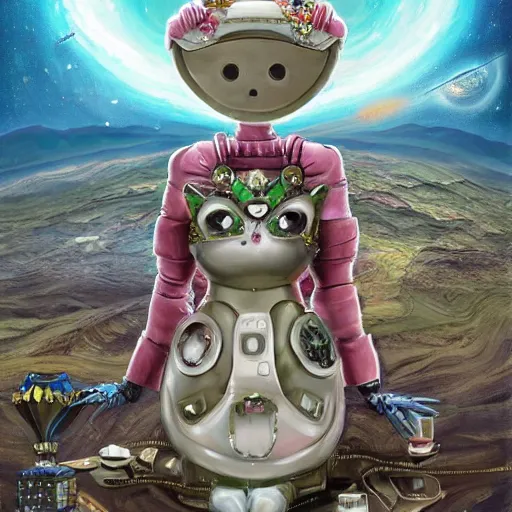 Image similar to On the morning of the robot queen's coronation, The Mekanik Doll, chubby moss kitten, Mount Fuji seen from the International Space Station, the theme of Alice in Wonderland, digital painting, concept art, illustration, deep dark, artstation, intricate, beautiful and thematically complex, ue5, by Dylan Kowalski and deiv calviz