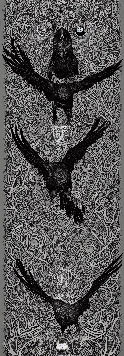Image similar to psychedelic, monochrome artwork!!, raven, deer, in front of an owl that is a window into the ocean, typography by hr giger and james jean and andreas rocha,