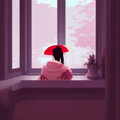 Prompt: a geisha looking longingly out the window hoping to catch a glimpse of her beloved before the storm sets in, ambient lighting, 4 k, lois van baarle, ilya kuvshinov, rossdraws