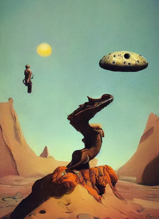 Image similar to a deer horned astronaut stands atop a melting dinosaur on the moon, Edward Hopper and James Gilleard, Zdzislaw Beksinski, Mark Ryden, Wolfgang Lettl highly detailed, hints of Yayoi Kasuma, Odilon Redon. Drexler