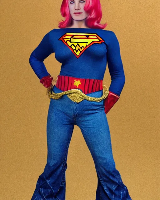 Image similar to a Chimpanzee, dressed as Wonder Woman, is wearing tight fit Blue Jean pants and wearing a blonde wig, photographed in the style of Annie Leibovitz, photorealistic