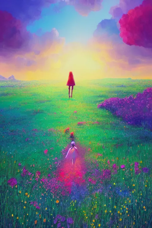 Image similar to giant flower head, girl walking in a flower field, surreal photography, sunrise, dramatic light, impressionist painting, colorful clouds, digital painting, artstation, simon stalenhag