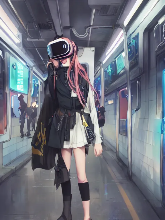 Image similar to an anime girl wearing a VR headset standing in a cyberpunk subway. By Makoto Shinkai, Stanley Artgerm Lau, WLOP, Rossdraws, James Jean, Andrei Riabovitchev, Marc Simonetti, krenz cushart, Sakimichan, trending on ArtStation, digital art.