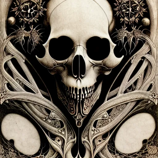 Image similar to art forms of nature by ernst haeckel, memento mori by arthur rackham, ornate antique porcelain beautiful skull mask, ultrasharp, photorealistic, hyperdetailed, octane render, polished, art nouveau, neo - gothic, gothic, intricate ornamental organic filigree, art nouveau botanicals, art forms of nature by ernst haeckel, horizontal symmetry, symbolist, visionary