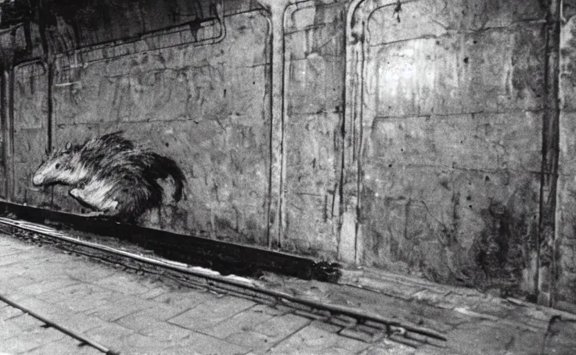 Image similar to old photo from 1 9 6 5. very large giant mutant zombie rat on railways in tonnel of moscow metro. extreme high detail. low dark light, scary atmosphere