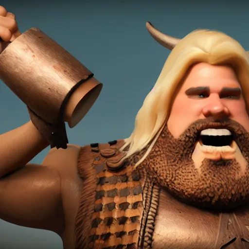Image similar to a handsome, corpulent viking with blond hair, clash royal style characters, unreal engine 5, octane render, detailed, cinematografic, cinema 4 d