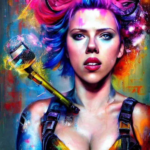 Image similar to scarlett johansson as delirium from sandman, ( hallucinating colorful soap bubbles ), by jeremy mann, by sandra chevrier, by richard avedon and maciej kuciara, punk rock, tank girl, high detailed, 8 k