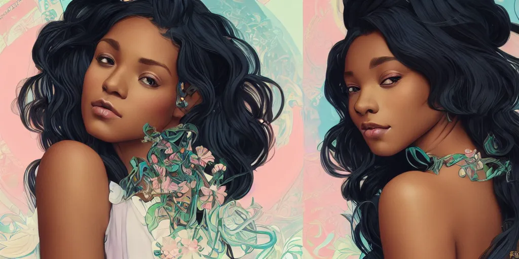 Image similar to beautiful black woman with gorgeous pastel balayage hairstyle, as seen on artgerm, octane render, in the style of alphonse mucha, ultra realistic, highly detailed, 8 k