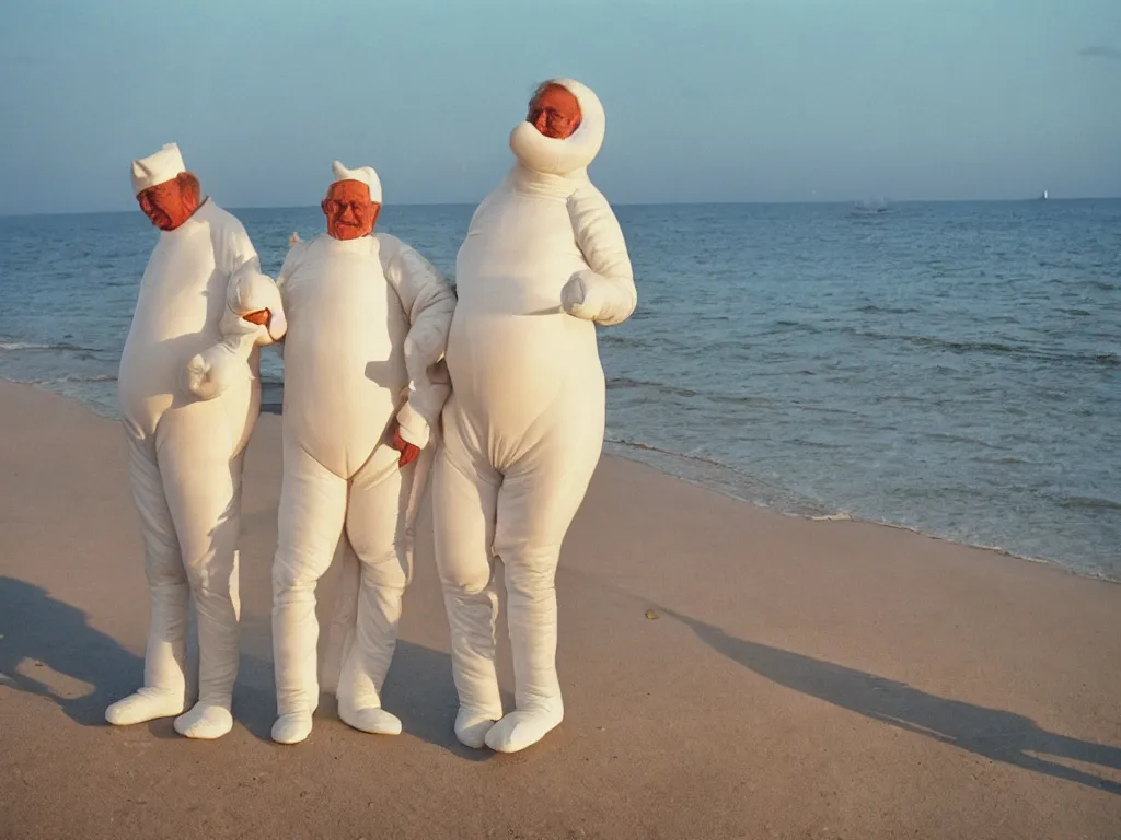 Image similar to a martin parr photo of a grandpa couple, wearing michelin man white body costumes in a beach, sunrise, 1 9 7 0 s kodachrome colour photo, flash on camera,