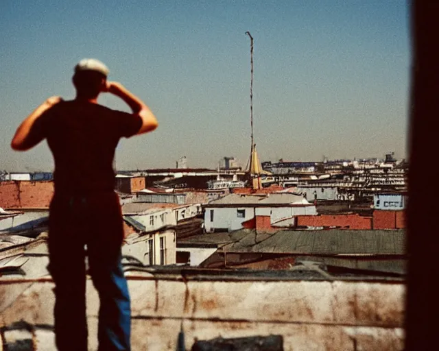 Image similar to lomo photo of man standing on the roof of soviet hrushevka, small town, cinestill, bokeh, out of focus