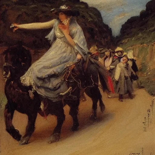 Image similar to young lady and gentleman fleeing the catacombs, by alfred stevens