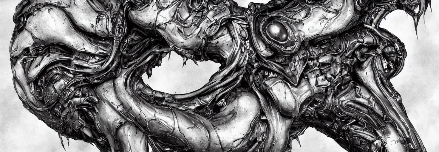 Image similar to engineer prometheus face by Artgerm, xenomorph alien, highly detailed, symmetrical long head, blood color, smooth marble surfaces, detailed ink illustration, raiden metal gear, cinematic smooth stone, deep aesthetic, concept art, post process, 4k, carved marble texture and silk cloth, latex skin, highly ornate intricate details, prometheus, evil, moody lighting, hr geiger, hayao miyazaki, indsutrial Steampunk