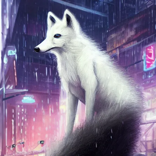 Prompt: white anthropomorphic female vulpes vulpes fulva, long snout, fluffy tail, smoking a cigarette in the rain, in crowded and wet street of a city, cyberpunk, harsh neon lights, highly detailed, digital painting, trending on artstation, concept art, sharp focus, illustration, art by artgerm and greg rutkowski and magali villeneuve