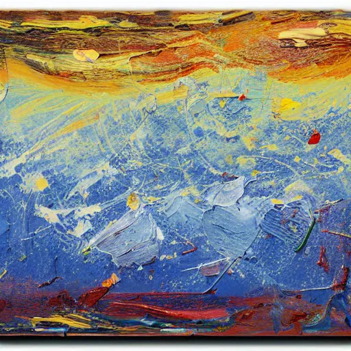 Image similar to oil paint impasto relief, italian blue mountain with fireworks, multi layered thick brush marks, some splattered paint, in the style of frank auerbach and monet and redon