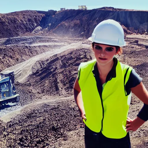 Image similar to photo, close up, emma watson in a hi vis vest, in dusty open pit mine, android cameraphone, lens flare, 2 6 mm,