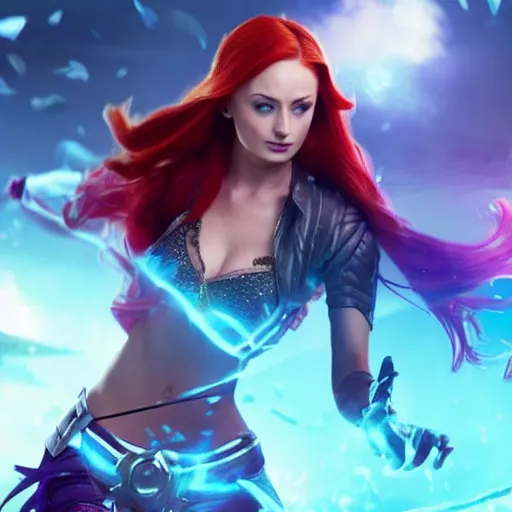 Image similar to an action shot of Sophie turner as Miss Fortune in League of Legends the movie, centered, 4K, cinema, imax, hyperreal