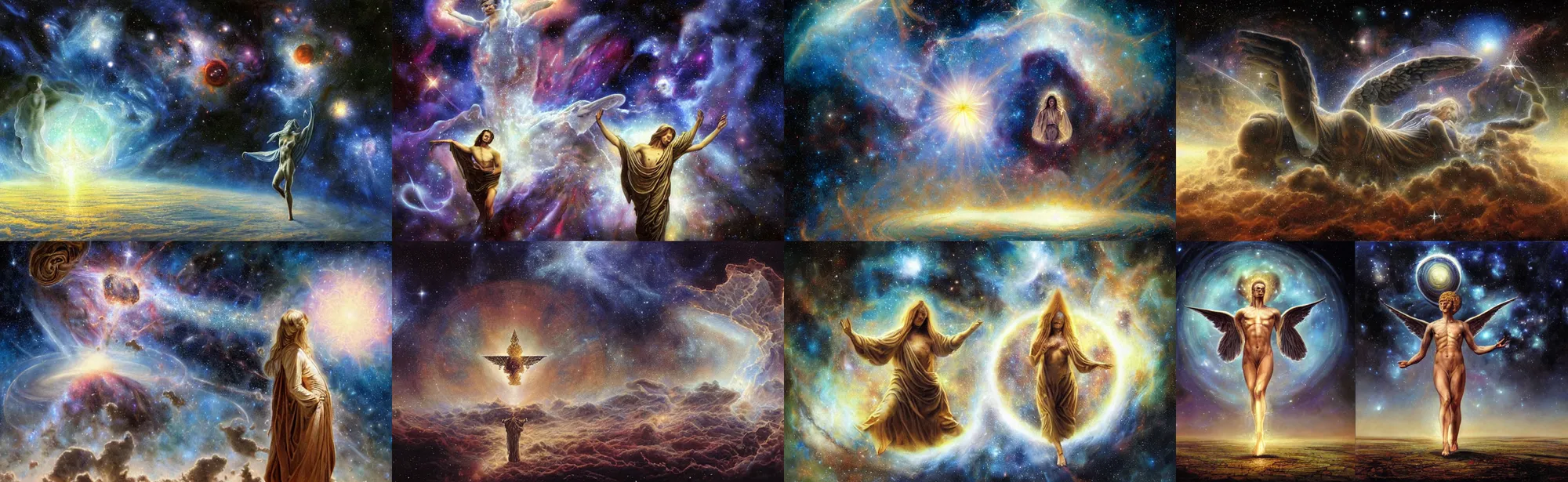 Prompt: human design, organic, angels, hermes trismegistus, sacred geometry, stars, galaxy, milkyway, hubble photo, realistic photo, big nebula as clover, hyper realistic, detailed, art by james gurney and greg rutkowski, surrealism by salvador dali