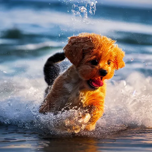 Image similar to a closeup photorealistic photograph of a cute smiling tiger bichon puppy splashing in the surf during sunset. professional capture, well lit shot. this 4 k hd image is trending on artstation, featured on behance, well - rendered, extra crisp, features intricate detail, epic composition and the style of unreal engine.