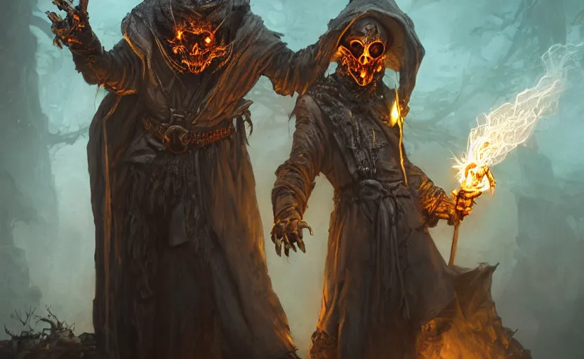 Prompt: portrait of a humanoid rat sorcerer with a rat skull face, laser eyes in the rat skull, dark hooded sorcerer robes, fantasy, d & d, greg rutkowski, frank frazetta, intricately detailed, impressive lighting, misty environment, holding a blue fire in each hand, power stance, ultimate power, doom, 8 k hdr