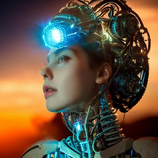 Image similar to beautiful Fine art photo portrait of enraptured young Angelica Bella as a solarpunk robotic goddess, white mechanical parts with led lights, photorealistic, white background, highly detailed and intricate, sunset lighting, 8k