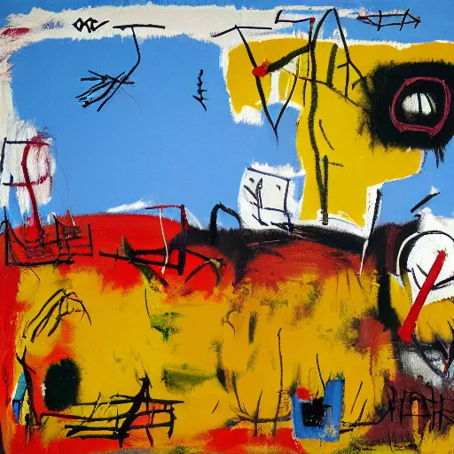 Image similar to autumn fields, painted by basquiat