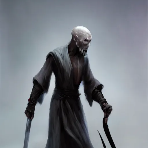 Prompt: fantasy painting of a pale man dressed in robes with a black blade, painted by Bayard Wu, ultra detailed, 8k