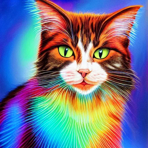Image similar to luminescent colorful detailed airbrush painting of long haired cat