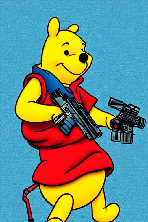 Prompt: Winnie the Pooh as cyberpunk killer with gun painted on Taro card, digital art, sharp, bright colors