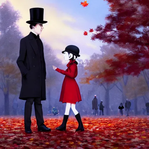 Image similar to a thin man in a black coat and bowler hat talks with small young girl who is dressed in a red coat and a red hat, park, autumn, wide angle, high detail, By Makoto Shinkai, Stanley Artgerm Lau, WLOP, Rossdraws, James Jean, Andrei Riabovitchev, Marc Simonetti, krenz cushart, Sakimichan, D&D trending on ArtStation, digital art, width 768