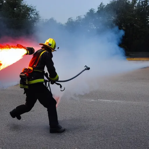 Image similar to photo of a firefighter using a flamethrower projecting a long flame