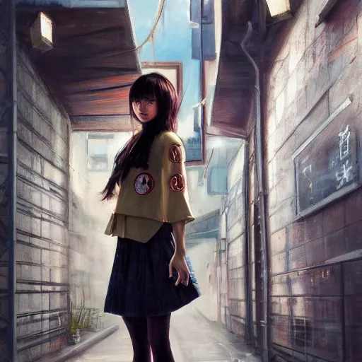 Image similar to a perfect, realistic professional oil painting of a Japanese schoolgirl posing in a dystopian alleyway, style of Marvel, full length, by a professional American senior artist on ArtStation, a high-quality hollywood-style concept