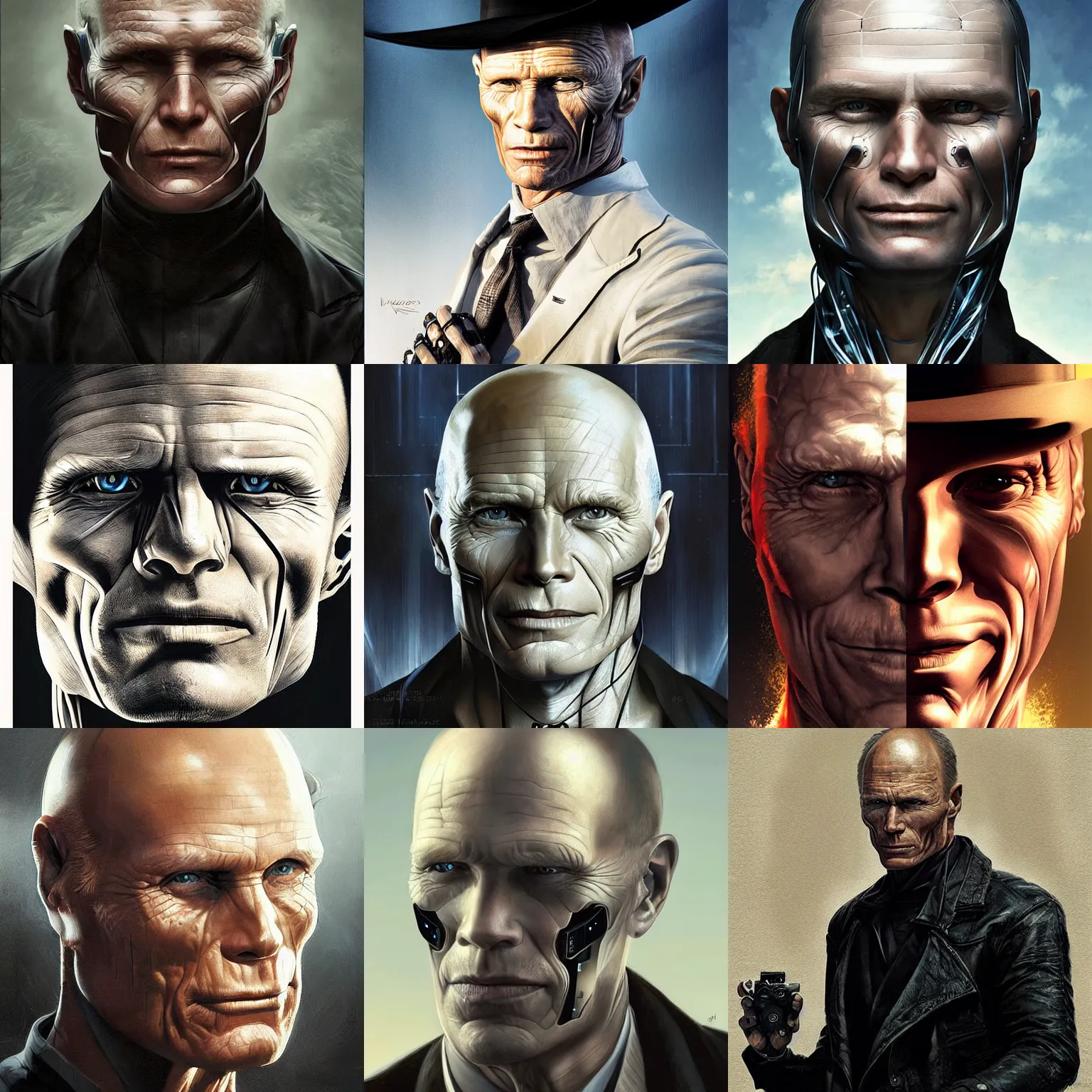 Prompt: ed harris as man in black, half - human half - robot half - cyborg, in westworld, digital art, portrait by artgerm and karol bak