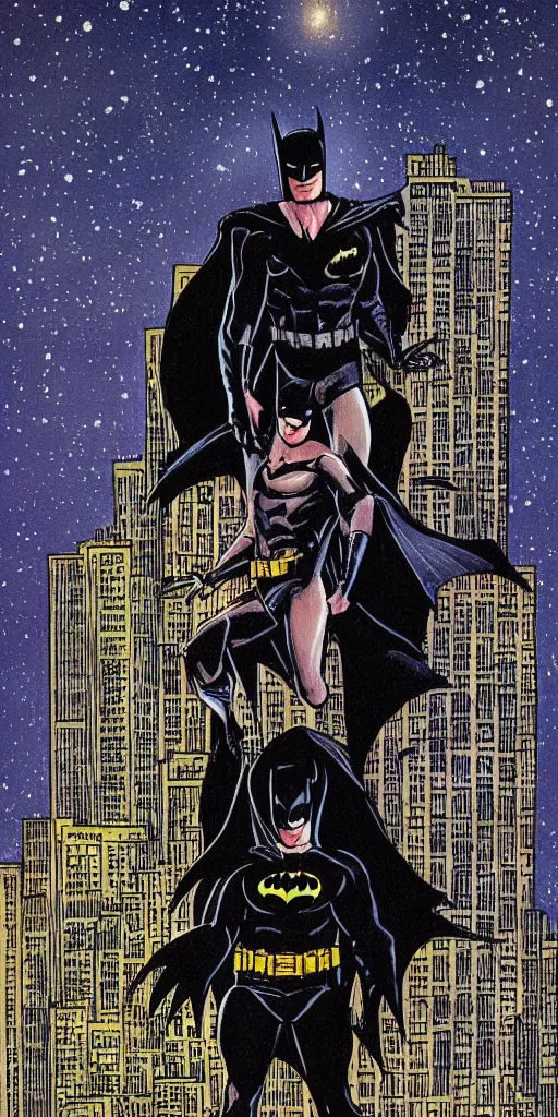 Prompt: batman standing on top of a high rise building at night, tarot card, major arcana