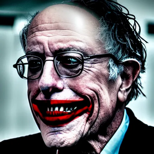 Image similar to stunning awe inspiring bernie sanders as the joker movie still 8 k hdr atmospheric lighting