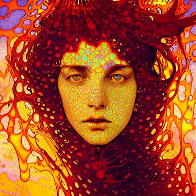 Prompt: psychedelic transcendent freckled face mind bending psychedelic wings of glossy liquid honey flowing like kaleidoscopic translucent amber, lsd feathers, honey wind, enlightenment, high contrast dappled lighting, refracted sunset, highly detailed, concept art, art by collier, albert aublet, krenz cushart, artem demura, alphonse mucha