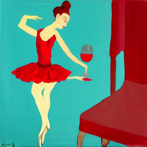 Image similar to square painting of a ballerina drinking wine in a teal room all on a red background