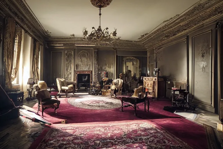 Prompt: cinematography of detectives investigating a crime scene in an decadent mansion foyer by Emmanuel Lubezki