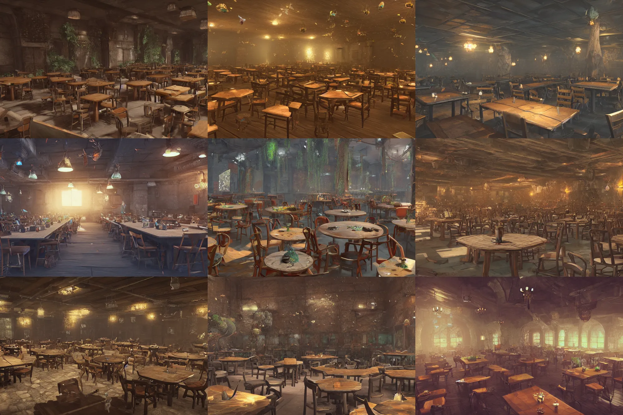 Prompt: a room filled with lots of tables and chairs, concept art by senior environment artist, polycount contest winner, fantasy art, rendered in unreal engine, made of insects, unreal engine 5