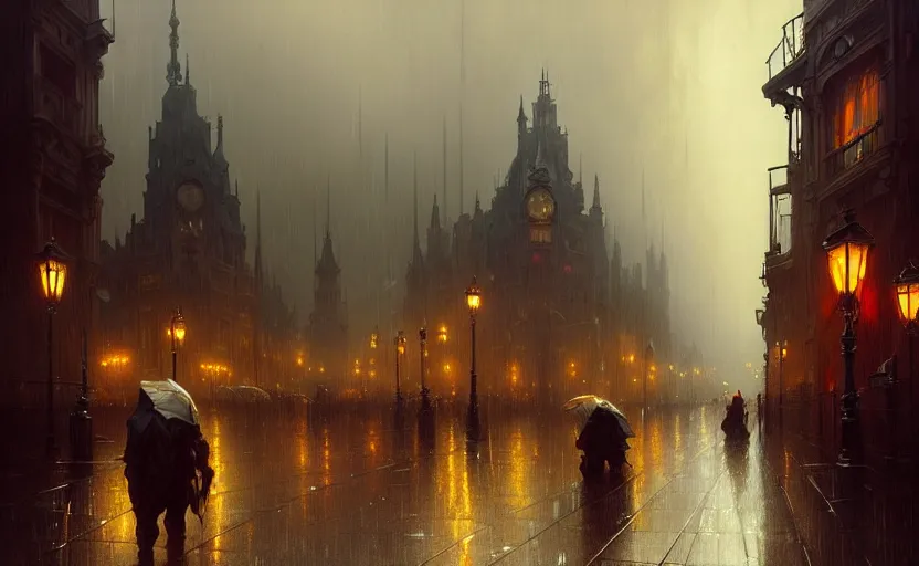 Prompt: a victorian city with rainy and moody cinematic lighting by darek zabrocki and greg ruthkowski, alphonse mucha, simon stalenhag and cinematic and atmospheric, concept art, artstation, trending on artstation