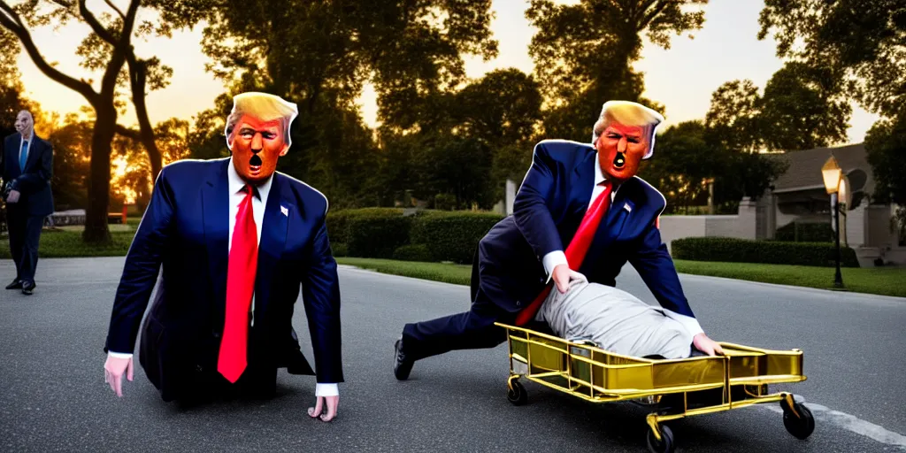 Image similar to Donald trump falls off of a trolly, caught in 4K, golden hour