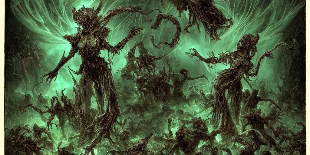 Image similar to A hauntedly beautiful yet grotesque wraith of pestilence and disease glowing with green ethereal light, with arms outstretched she hovers atop a hoard of swarming undead rats, high quality, hyperdetailed, fantasy,