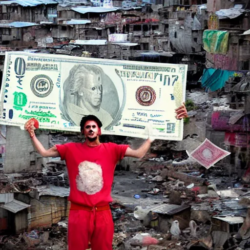 Image similar to A poor clown holding a giant dollar banknote, background is a slum, cinematic, epic, highly-detailed